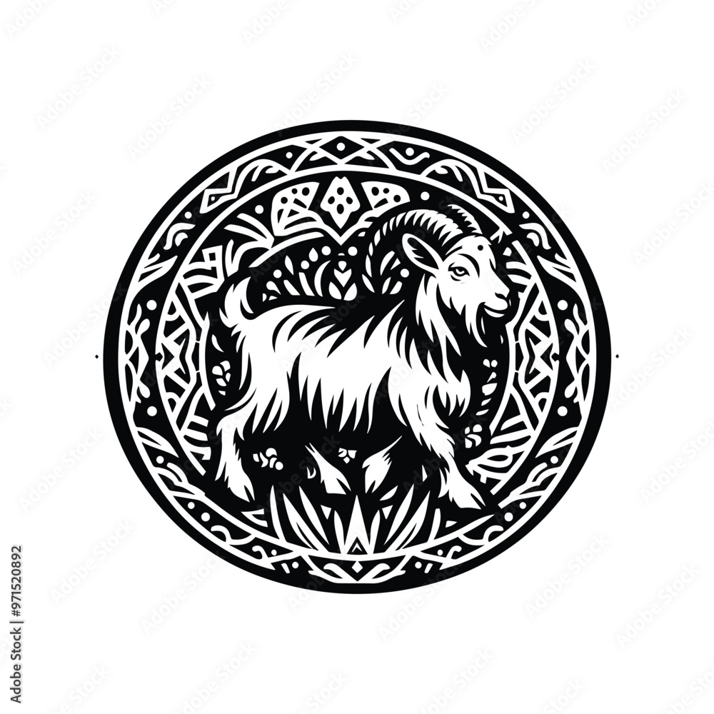 Goat in bohemian black and white silhouette illustration Goat in bohemian black and white silhouette illustration