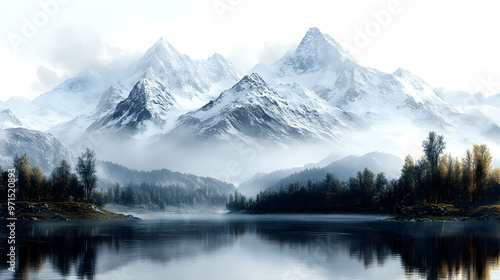 A serene mountain landscape with snow-capped peaks and a tranquil lake reflecting the scenery.