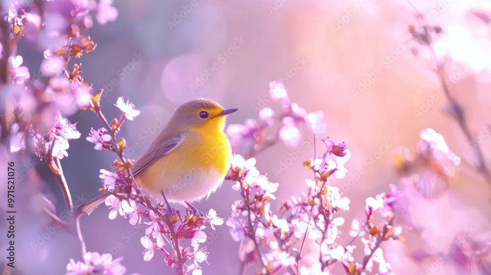 A small, sun-bright yellow bird perches atop a tree adorned with an abundance of purple and white blossoms under a sunny sky A small, sun-bright yellow bird perches atop a tree adorned with an abundance of purple and white blossoms under a sunny sky