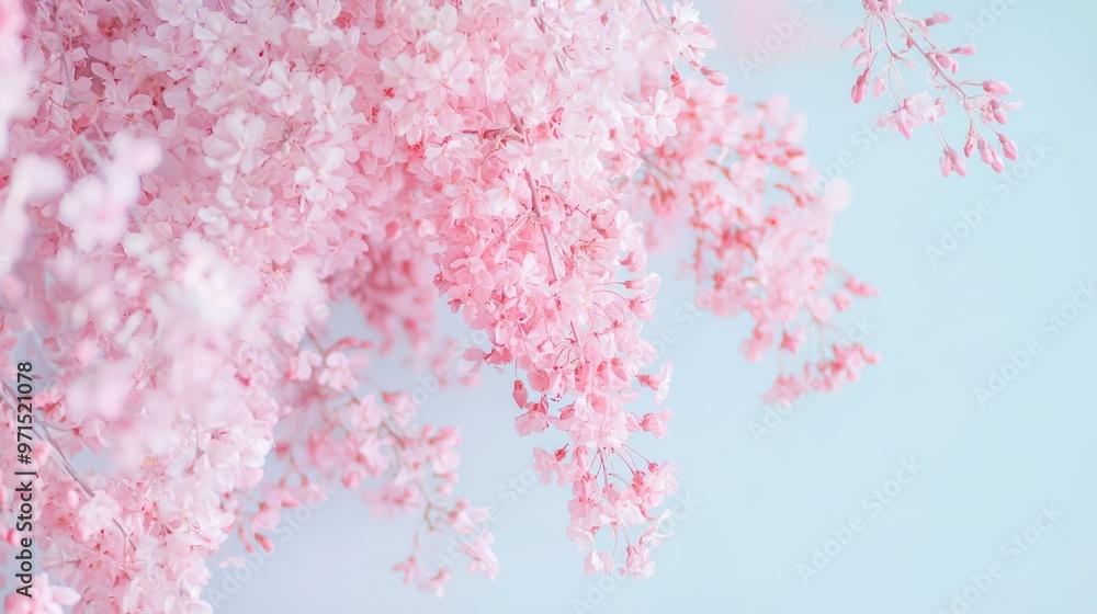Fototapeta premium A tight shot of pink blooms on a tree branch against a blue backdrop