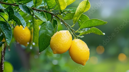  A couple of lemons dangle from a tree, their surfaces studded with water droplets Green leaves populate the tree's foreground photo