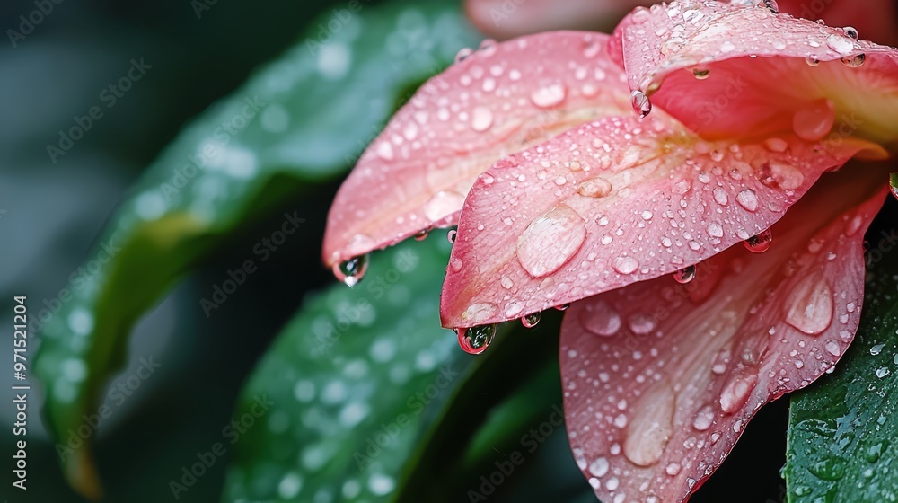 A tight shot of a pink blossom speckled with water droplets, a green leaf positioned prominently in the foreground A tight shot of a pink blossom speckled with water droplets, a green leaf positioned prominently in the foreground
