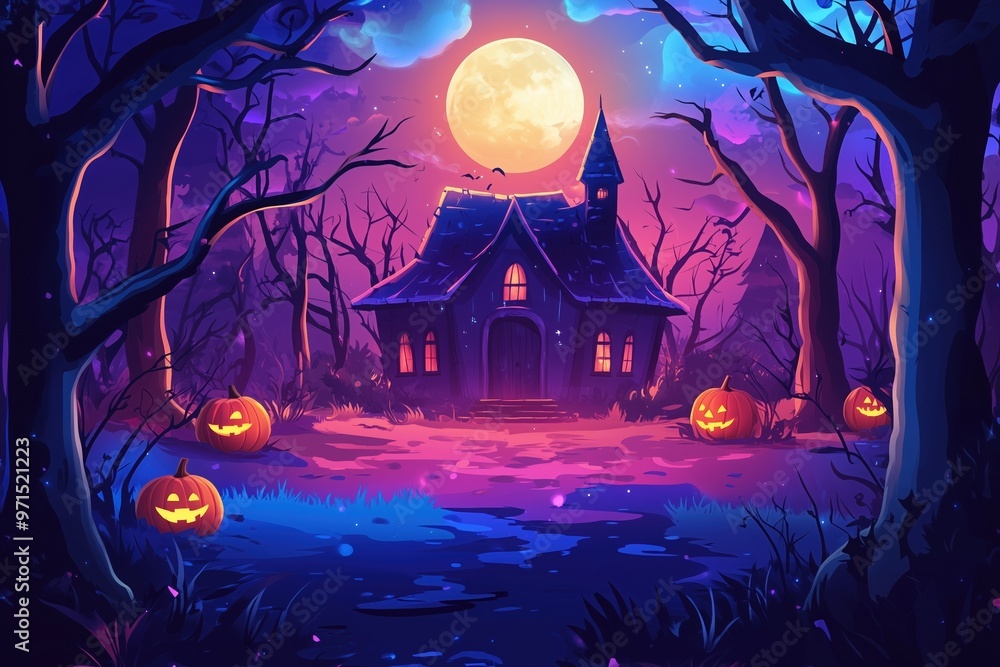 Halloween background with a scary graveyard spooky forest postcard