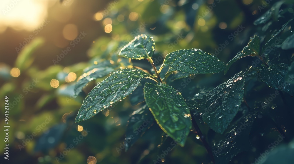 Fototapeta premium A tight shot of a plant, adorned with leafy greens and water droplets glistening on its surfaces, beneath the radiant sun