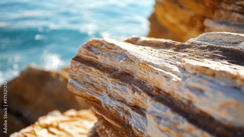 A tight shot of a rock formation against an expanse of ocean and sky A tight shot of a rock formation against an expanse of ocean and sky