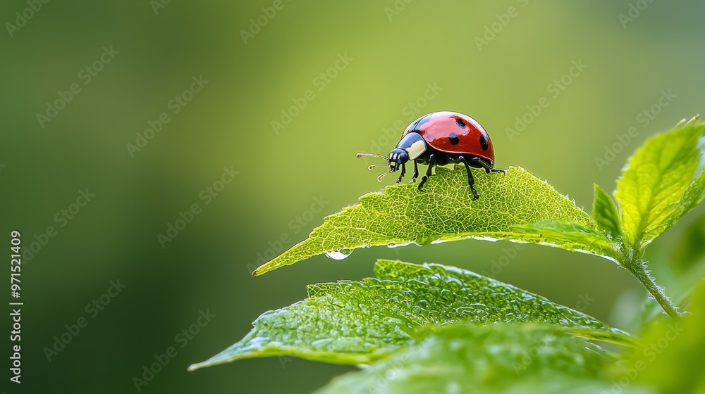 Fototapeta premium A ladybug atop a green leaf, surrounded by an expanse of leaves