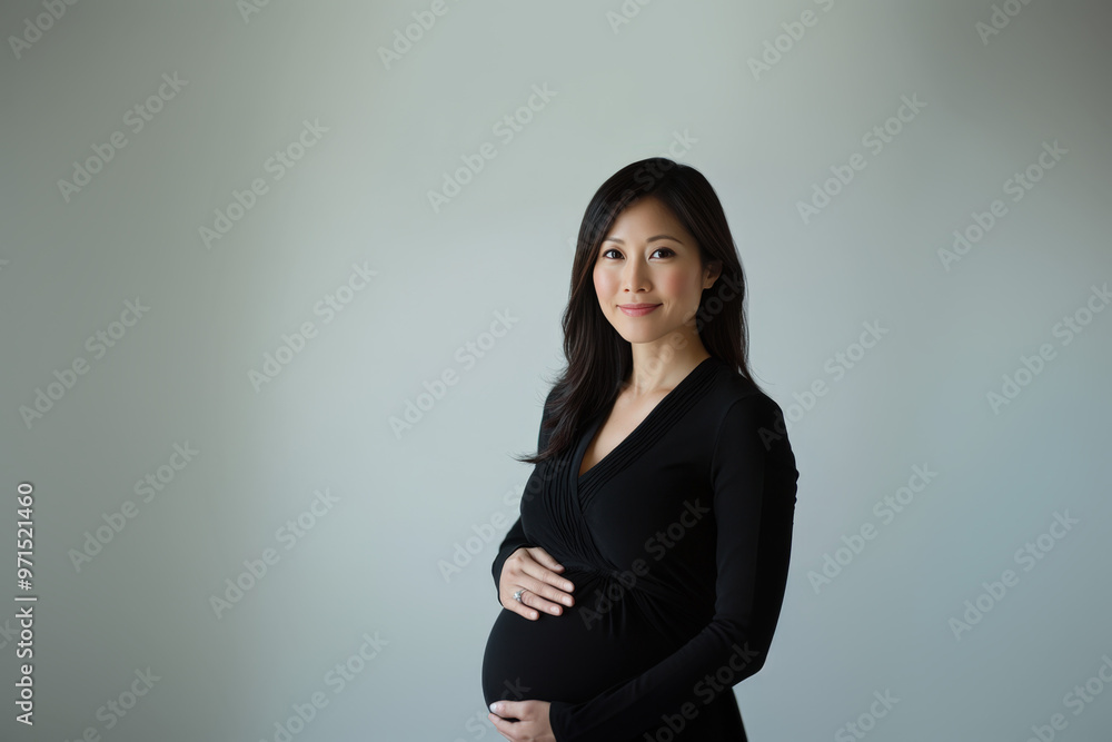Pregnant asian businesswoman in her 40s holding her belly and smiling Pregnant asian businesswoman in her 40s holding her belly and smiling