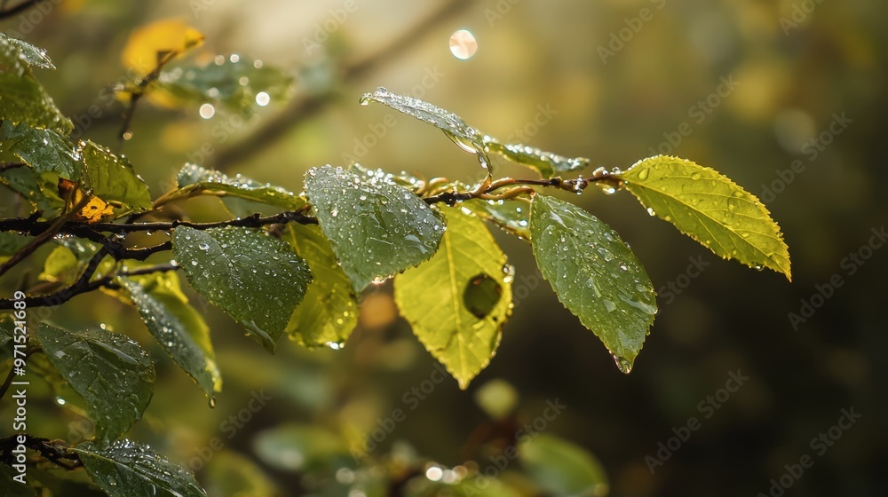 A tight shot of a tree branch, studded with water-droplet adornments on its foliage Sunlight filters through nearby trees in the backdrop A tight shot of a tree branch, studded with water-droplet adornments on its foliage Sunlight filters through nearby trees in the backdrop