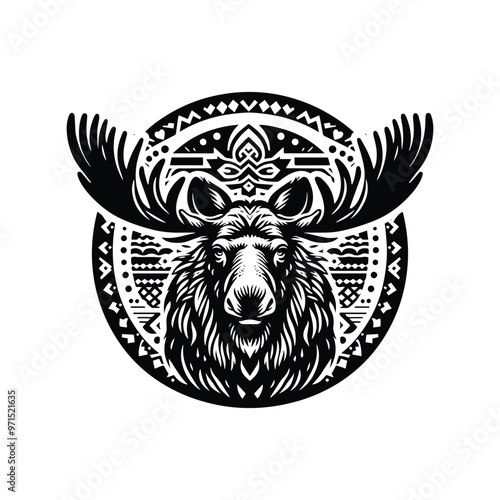 Moose in bohemian black and white silhouette illustration