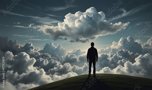 Modern Image of a Person on a Hill Gazing at Soft Clouds for Mental Calmness