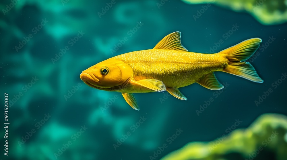 A tight shot of a fish submerged in water teeming with algae at the bottom A tight shot of a fish submerged in water teeming with algae at the bottom