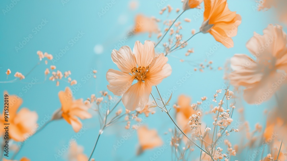 A tight shot of a floral cluster against a backdrop of a blue sky Several white blooms in the foreground A tight shot of a floral cluster against a backdrop of a blue sky Several white blooms in the foreground