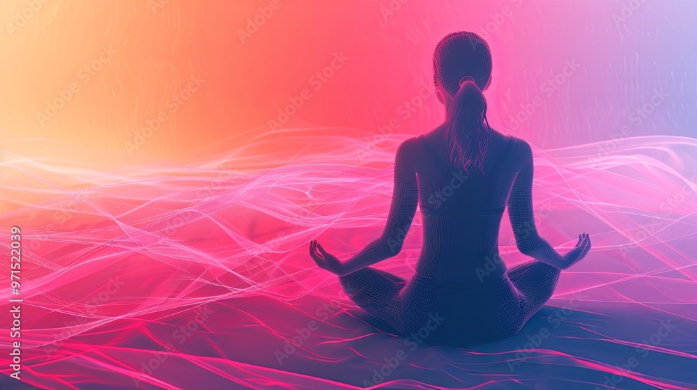 A wireframe figure of a girl in a restorative yoga pose, centered in the image, with bright pastel colors. A wireframe figure of a girl in a restorative yoga pose, centered in the image, with bright pastel colors.