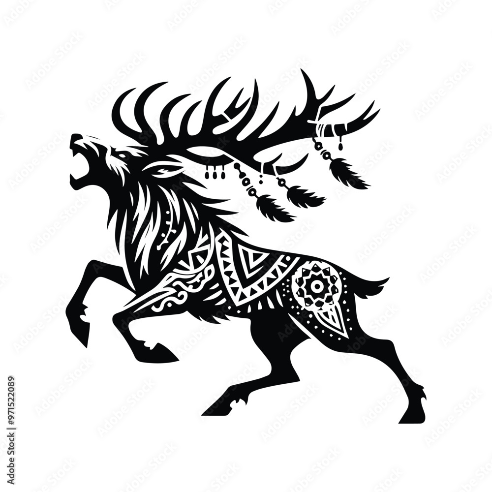 Reindeer in bohemian black and white silhouette illustration Reindeer in bohemian black and white silhouette illustration