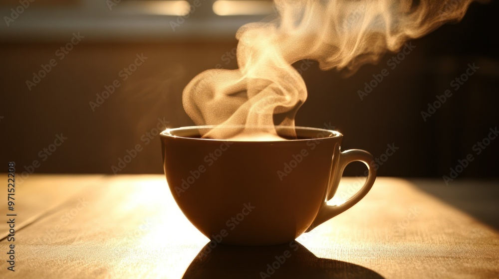 Steaming Cup of Coffee on a Wooden Table in Sunlight Steaming Cup of Coffee on a Wooden Table in Sunlight