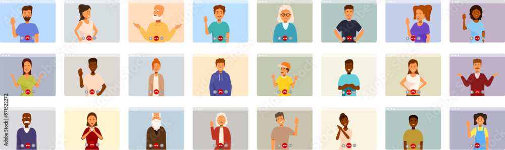 Communicates remotely family icons set. Diverse people using video conferencing software for online meeting, virtual business conference, remote work, distance education Communicates remotely family icons set. Diverse people using video conferencing software for online meeting, virtual business conference, remote work, distance education