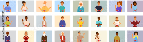 Communicates remotely family icons set. Diverse people using video conferencing software for online meeting, virtual business conference, remote work, distance education