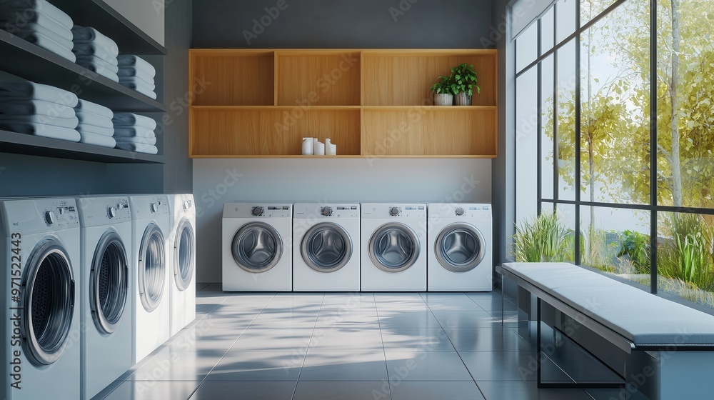 Bright and modern laundry room with washing machines and shelves filled with towels in a sunny, serene setting Bright and modern laundry room with washing machines and shelves filled with towels in a sunny, serene setting