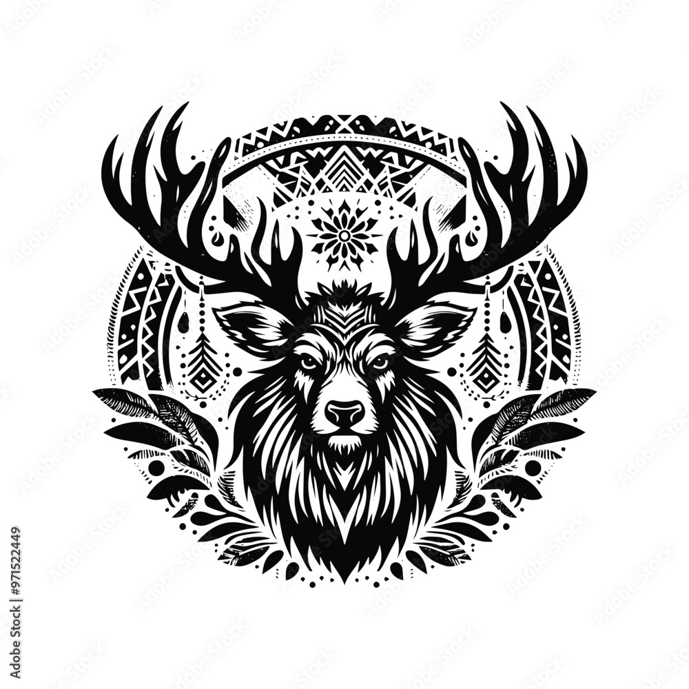 Fototapeta premium Reindeer in bohemian black and white silhouette illustration