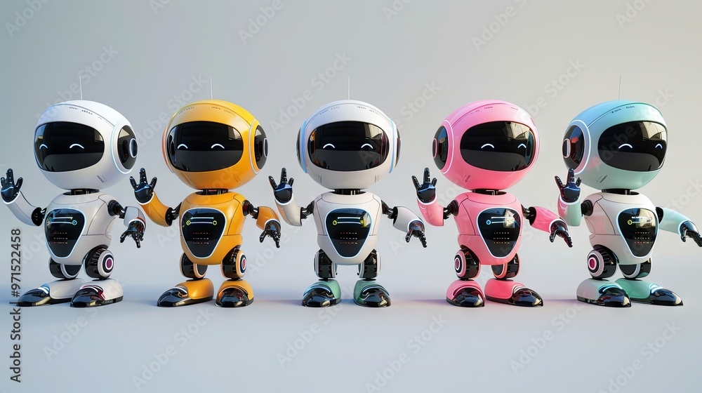 Collection of 3D-rendered AI chatbots. Includes a neural network mascot in different poses, with a robot waving its hand. Depicts a smart robotic character. Isolated vector illustration Collection of 3D-rendered AI chatbots. Includes a neural network mascot in different poses, with a robot waving its hand. Depicts a smart robotic character. Isolated vector illustration