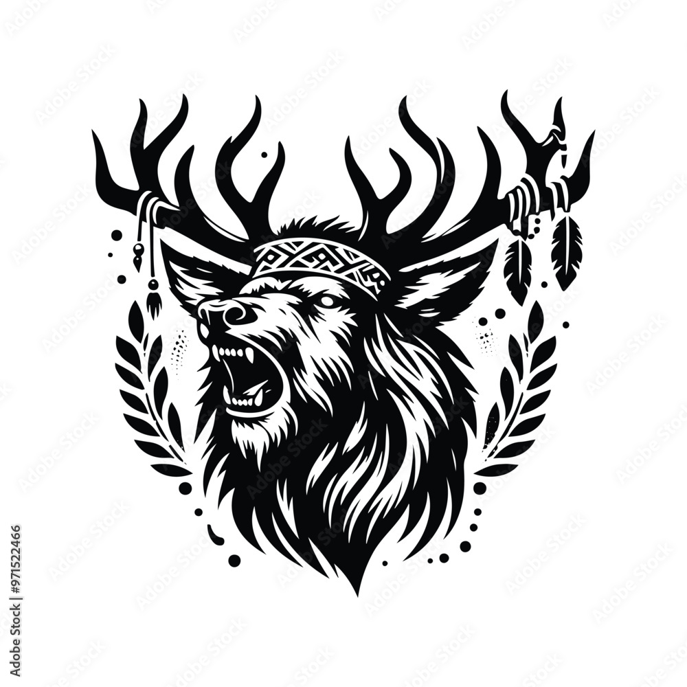 Fototapeta premium Reindeer in bohemian black and white silhouette illustration