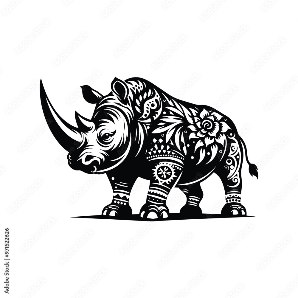 Fototapeta premium Rhinoceros in bohemian black and white silhouette illustration