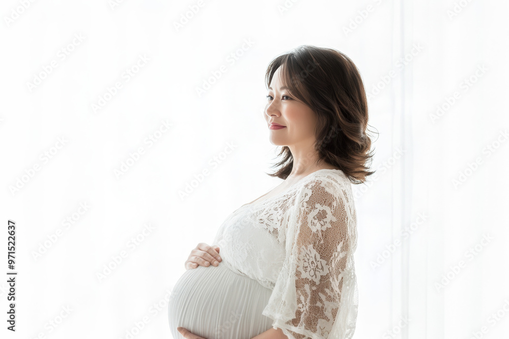 Pregnant woman in white dress holding her belly and looking through window Pregnant woman in white dress holding her belly and looking through window
