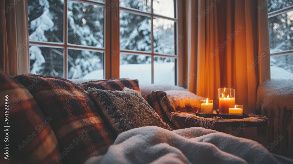 cozy winter interior with plaid on couch, candles near window generative ai cozy winter interior with plaid on couch, candles near window generative ai