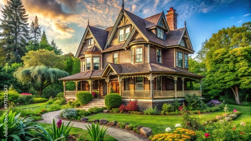 Rustic, two-story Victorian-era home with steeply pitched roof, ornate wooden trim, and wraparound porch, surrounded by lush greenery and overgrown garden in rural countryside setting.