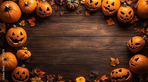 Wooden floor with a collection of festive Halloween pumpkins, including some with intricate designs, and a clear space in the middle for adding text photo