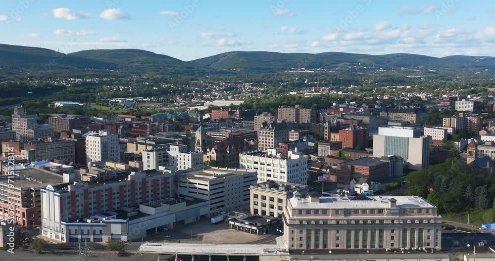 Late summer, early fall aerial, drone, video of the Scranton Pennsylvania skyline. September 2024. Late summer, early fall aerial, drone, video of the Scranton Pennsylvania skyline. September 2024.