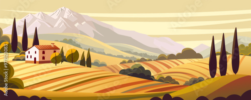 Italy rural landscape. Beautiful fields and meadows, stunning mountains and hills, tall cypress trees and shrubs, a country house. Vector illustration of Italian nature.