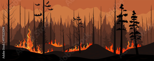 Forest fire. Panoramic vector illustration of a burning forest landscape. Burning trees are engulfed in flames. Burnt out trees. Wildlife and forest protection concept.