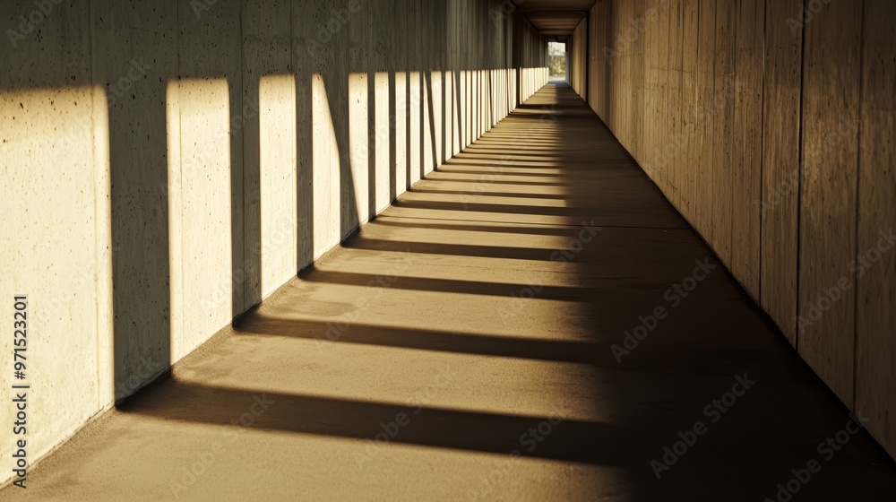 A long hallway with shadows on one wall A bench lies on the opposite side A long hallway with shadows on one wall A bench lies on the opposite side