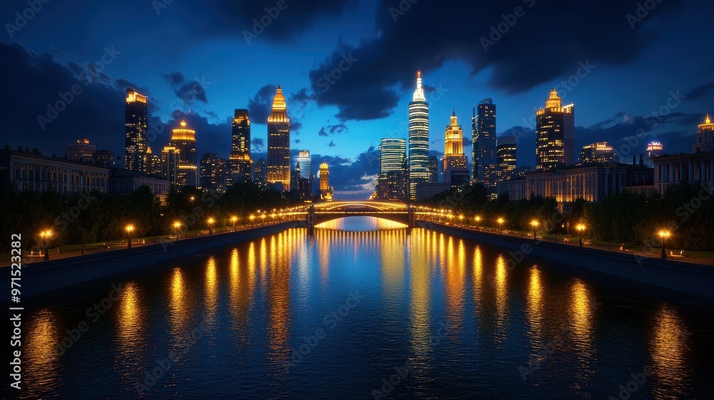Obraz premium Stunning city skyline at dusk, showcasing illuminated buildings reflecting on a calm river, perfect for urban-themed projects.
