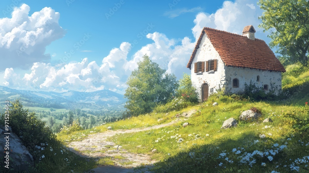 Fototapeta premium A painting of a house on a hill with two paths leading up to it