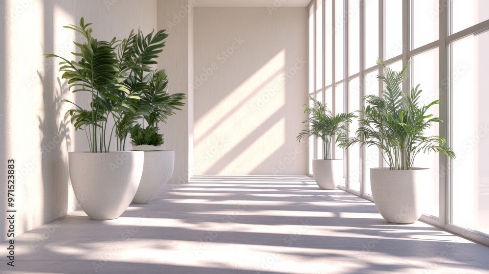 Minimalist Interior with Sunlight Streaming Through Windows, Palm Plants, White Walls and Floor, White Pots, Sunlight, Shadow, Minimalist Interior Design Minimalist Interior with Sunlight Streaming Through Windows, Palm Plants, White Walls and Floor, White Pots, Sunlight, Shadow, Minimalist Interior Design