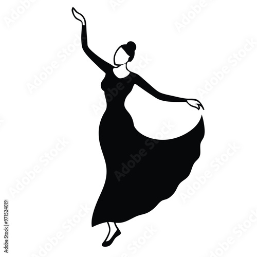 a woman dancing. She is wearing a long, flowing dress with a high neckline and long sleeves. vector silhouette