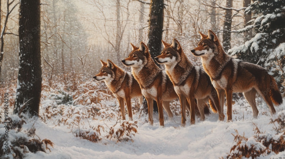 A Pack of Wolves in a Snowy Forest A Pack of Wolves in a Snowy Forest