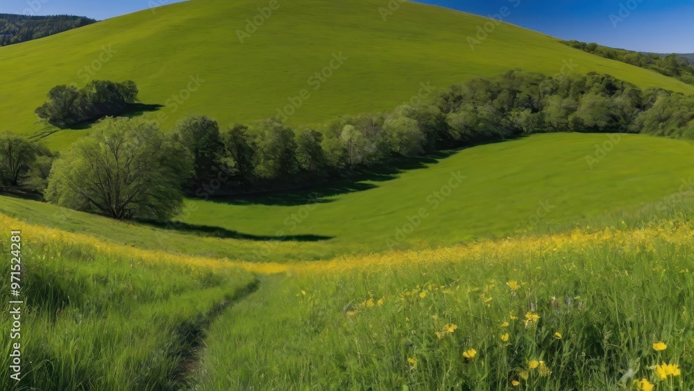 Obraz premium Lush green landscape with rolling hills and vibrant wildflowers under a clear blue sky.