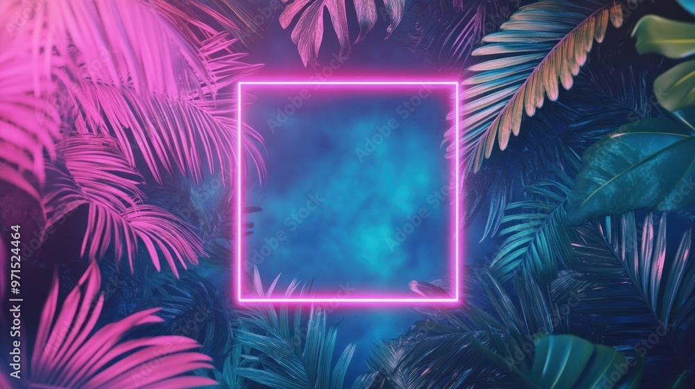 Pink Neon Square Frame Surrounded by Tropical Leaves Pink Neon Square Frame Surrounded by Tropical Leaves
