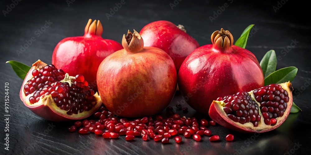 Pomegranate whole and slice with seeds isolated Pomegranate whole and slice with seeds isolated