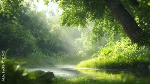  A river runs through a lush green forest, surrounded by another forest of dense green vegetation, predominantly grass, and an abundance of trees