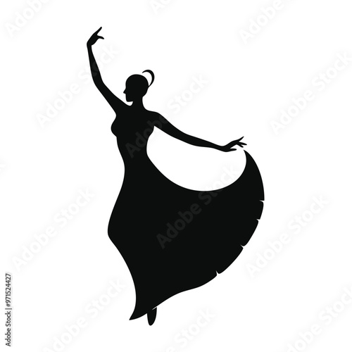 a woman dancing. She is wearing a long, flowing dress with a high neckline and long sleeves. vector silhouette