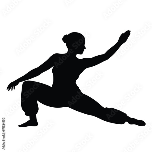 a woman in a yoga pose. She is in a side lunge position with her left arm extended upwards and her right arm bent at the elbow 