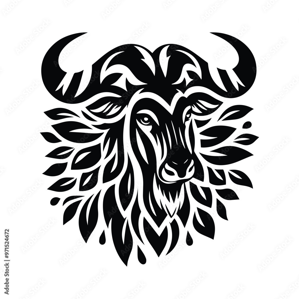 Wildebeest in folk art black and white silhouette illustration Wildebeest in folk art black and white silhouette illustration
