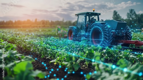Farmers testing automated machines that plant, water, and monitor crops in a smart farming environment.
