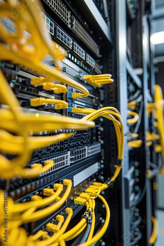 Network server racks with yellow Ethernet cables connected to various ports, showcasing a modern data center infrastructure.