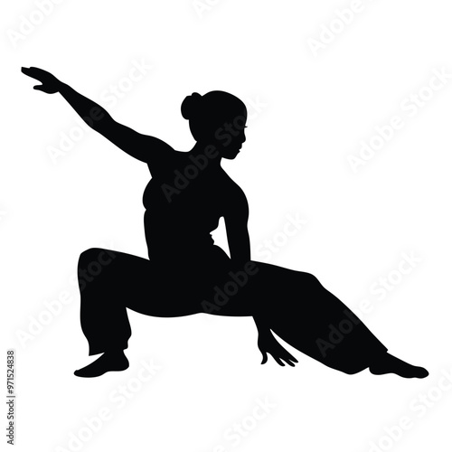 a woman in a yoga pose. She is in a side lunge position with her left arm extended upwards and her right arm bent at the elbow 