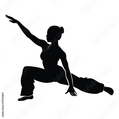 a woman in a yoga pose. She is in a side lunge position with her left arm extended upwards and her right arm bent at the elbow 